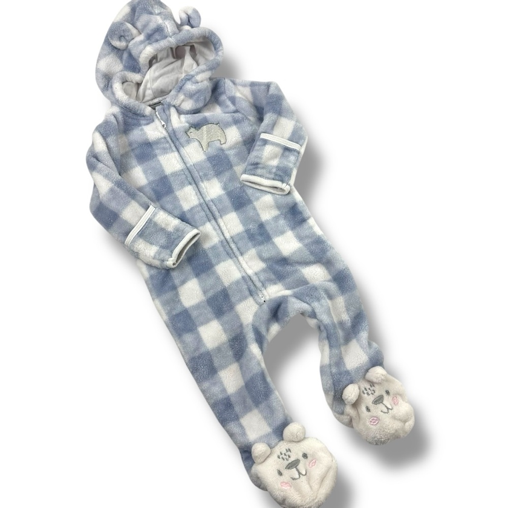 Mick Mack Size 6-9 Month Hooded Fuzzy Fleece Footie Pajamas Blue Plaid Warm Cozy